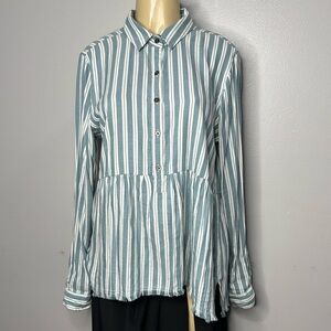 True Craft Women’s SzL Striped Button-Up Peplum Top long sleeves w button cuffs